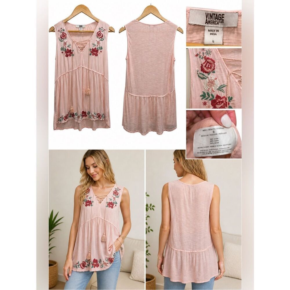 Vintage America Blues Pink Embroidered Boho Sleeveless Top Size Small